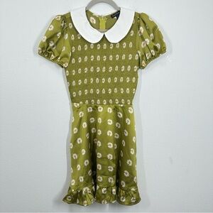 Smak Parlour Modcloth Retro Green Daisy Smocked Mini Dress Peter‎ Pan Collar NWT